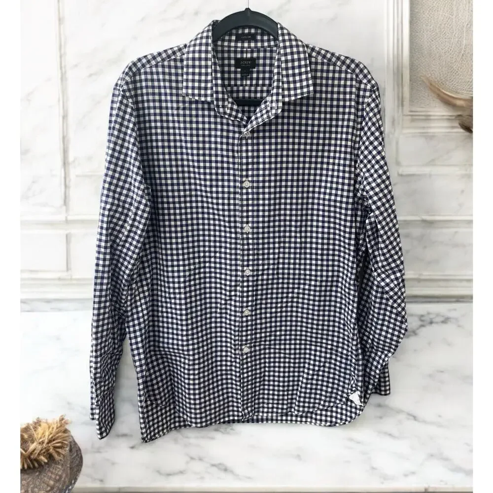 J. Crew Men's Large Ludlow‎ 120's 2 Ply Button Up LSleeve Plaid Check Blue White